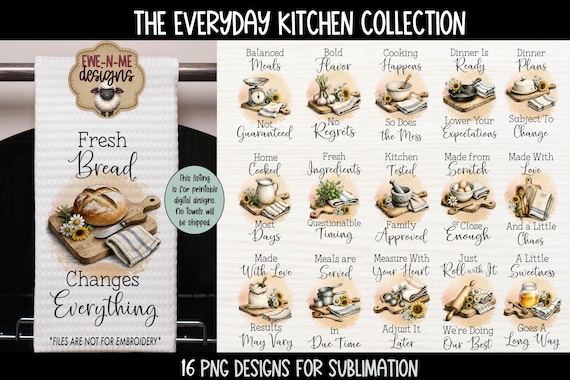 Everyday Kitchen Collection – 16 Sublimation PNG Files for Towel & Home Decor Projects - Digital Download