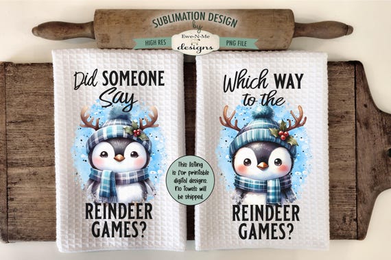 Penguin with Reindeer Antlers Towel Sublimation Designs - Reindeer Games - Cute Christmas Penguins with Antlers - Kitchen Towel PNG