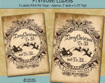 Primitive Victorian Christmas Label - Merry Christmas To All - Santa Sleigh Label - Printable PDF or JPG File