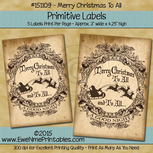 Primitive Victorian Christmas Label - Merry Christmas To All - Santa Sleigh Label - Printable PDF or JPG File