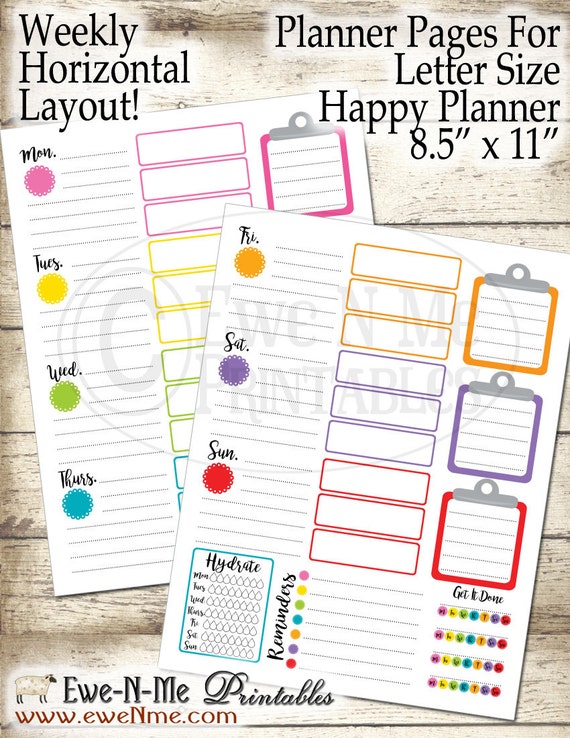 Letter Size Planner Pages - Printable Planner Pages - Happy Planner Inserts - Undated Weekly Planner Pages - Colorful Horizontal Clipboard