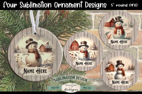 Rustic Snowman on Farm Christmas Ornament Designs PNG Files | Four Snowman Ornament Designs with Rustic Wood Border