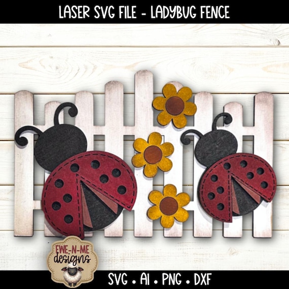 Ladybugs and Flowers Fence Sign Laser Cut File - Layered Ladybug SVG -  Layered Wood Decor Pattern (Digital Download)