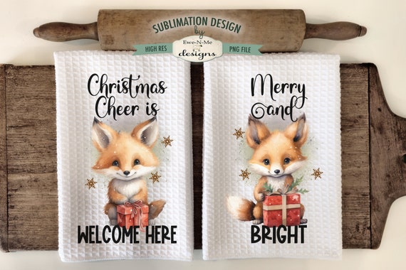 Cute Christmas Fox Kitchen Towel Sublimation Designs -  Muted Tone Fox Sublimation Designs - Christmas Kitchen Towel Designs