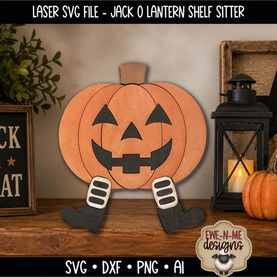 Laser SVG File - Jack O Lantern Halloween Shelf Sitter - Layered Pumpkin Shelf Sitter - Fall Decor SVG