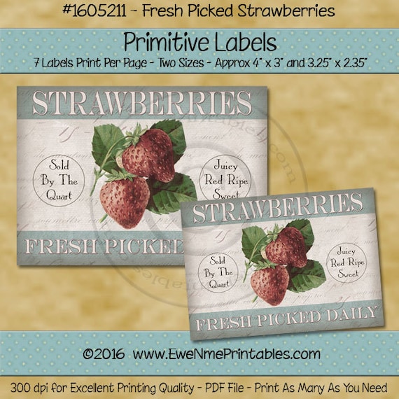 Farmhouse Style Kitchen Decor Primitive Labels -  Printable Rustic Label - Fresh Pick Strawberry  - Primitive Country - PDF - JPG File