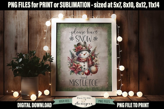 Snow and Mistletoe Snowman Sublimation Design | Vintage Snowman Printable  | Old Fashioned Christmas Printable Sublimation Design