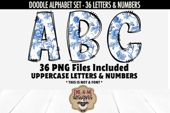 Blue Chinoiserie Doodle Alphabet & Numbers | 36 PNG Files | Individual Letters and Numbers in PNG format | Toile Letters and Numbers