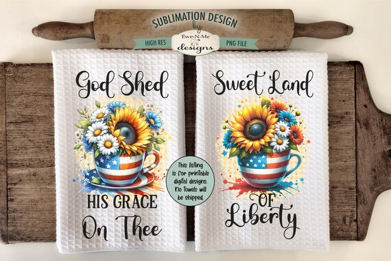 Patriotic Coffee Cups with Sunflowers Sublimation Design for Kitchen Towels -  July 4th Kitchen Towel Designs - Red White Blue Towel Designs