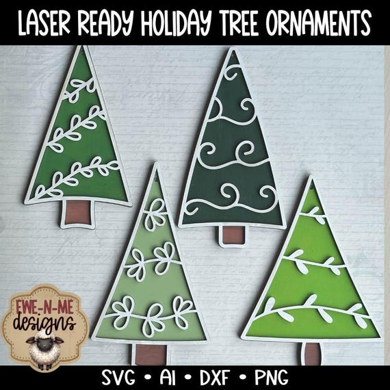Whimsical Holiday Tree SVG Bundle - 4 Laser Cut Files with Vines & Swirls - Christmas Lightburn Designs - Laser Ready Digital Download