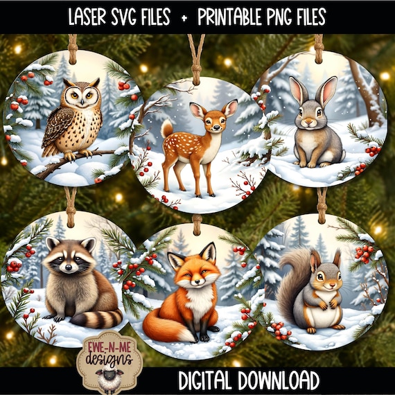 Woodland Animal Christmas Ornament SVG Bundle, Winter Fox, Raccoon, Rabbit, Squirrel, Deer and Owl Laser Cut Files, Printable PNG
