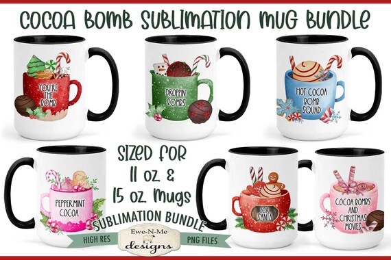 Cocoa Bomb Mug Design Sublimation Bundle - Cute Cocoa Bomb Design Bundle - Printable 11 oz. and 15 oz. Mug Sublimation Wrap PNG