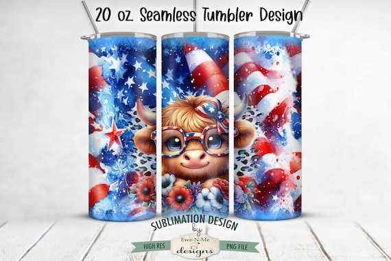 20 oz Patriotic HighlandCow Sublimation Tumbler Design | Cow with Flowers and Flags Design for 20 oz. Tumbler | July 4th Cow Tumbler Design