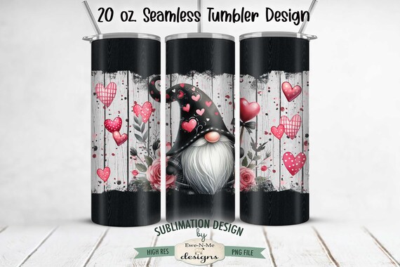 Black Valentine Gnome with Hearts Sublimation Tumbler Wrap Design  - SEAMLESS Gnome Sublimation 20 oz. Tumbler Wrap Straight Design