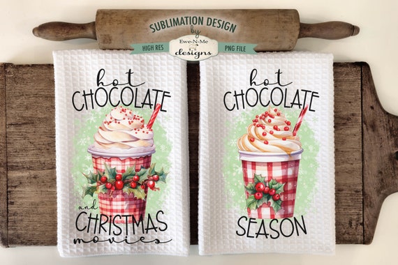Red Plaid Hot Chocolate Kitchen Towel Sublimation Designs -  Hot Chocolate Season - Hot Chocolate Movies - Christmas Kitchen Towel PNG