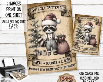 Primitive Weihnachtsetiketten zum Ausdrucken - Cozy Critter Co Primitive Tags - Vintage WeihnachtsWaschbär - Druckbare PDF-, JPG- und PNG-Datei