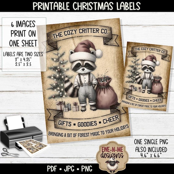 Primitive Christmas Label Printable - Cozy Critter Co Primitive Tags - Vintage Christmas Raccoon - Printable PDF, JPG and PNG File