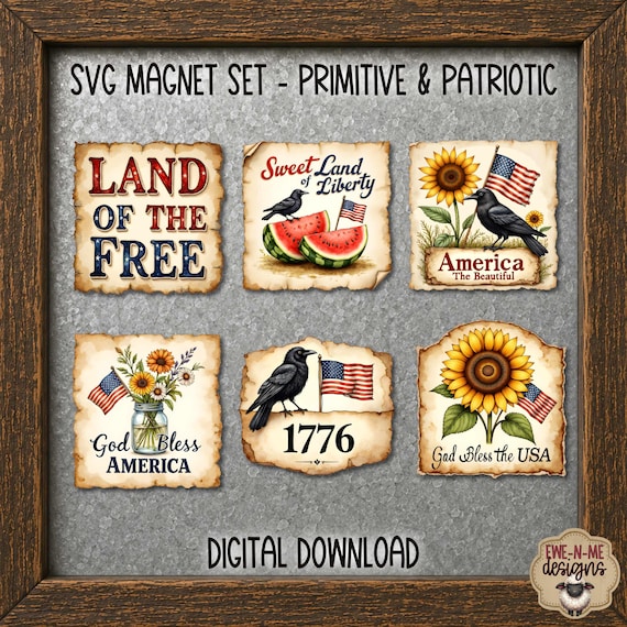 Primitive and Patriotic Magnet SVG Bundle -  Printable Magnet Art, Printable Stickers - Digital Download - Flags, Crows Sunflower Labels SVG