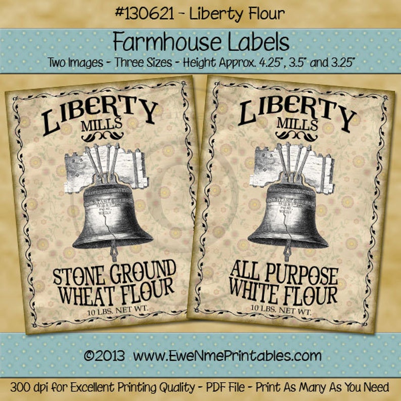 May include: Two printable labels for stone ground wheat flour and all purpose white flour. The labels feature a Liberty Bell graphic and the text "Liberty Mills". Each label says "10 lbs. net wt.".