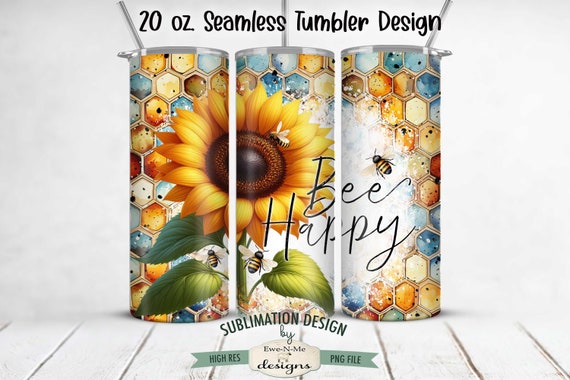 Bee Happy Sunflower 20oz Tumbler Wrap -  Sunflower Tumbler Sublimation Design - 20oz Skinny Seamless Tumbler Wrap