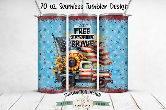 20 oz Patriotic Truck with Sunflowers Sublimation Tumbler Design |  Seamless Patriotic Design for 20 oz Tumbler | July 4th Tumbler Design