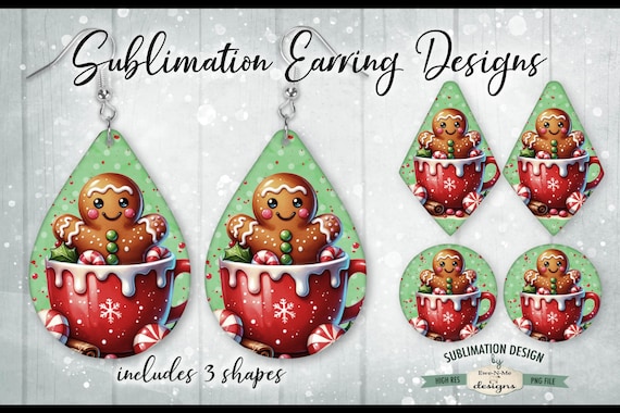 Christmas Gingerbread Sublimation Earring Designs | 3 PNG Shapes | Gingerbread in a Red Cup