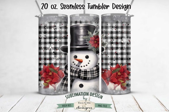 Black White Buffalo Plaid Snowman SEAMLESS 20 oz. Christmas Tumbler Sublimation Design | Winter Christmas Snowman Tumbler Design