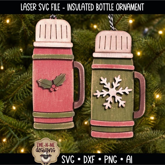 Vintage Insulated Bottle Ornament SVG - Christmas Laser Cut File - Winter Ornament SVG - Rustic Christmas Laser File - Digital Download