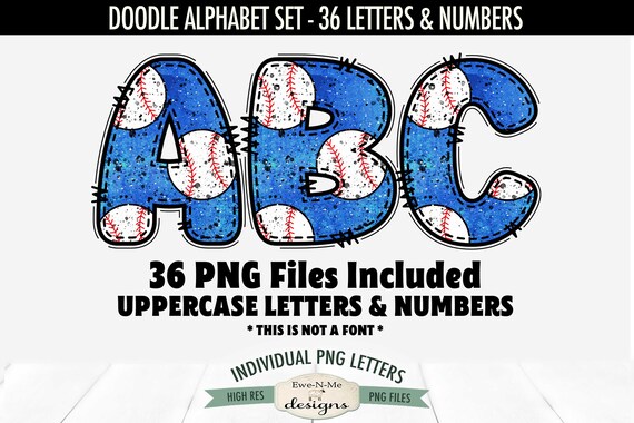 Blue Baseball Doodle Alphabet & Numbers | 36 PNG Files | Individual Letters and Numbers in PNG format Baseball Letters and Numbers