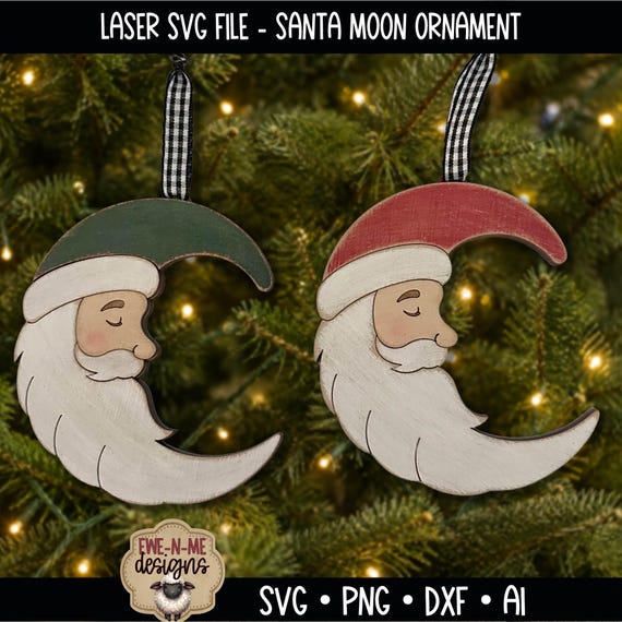 Santa Moon Ornament SVG - Layered Christmas Ornament SVG - Crescent Moon Santa Claus - Laser Cut File - Primitive Christmas Decor