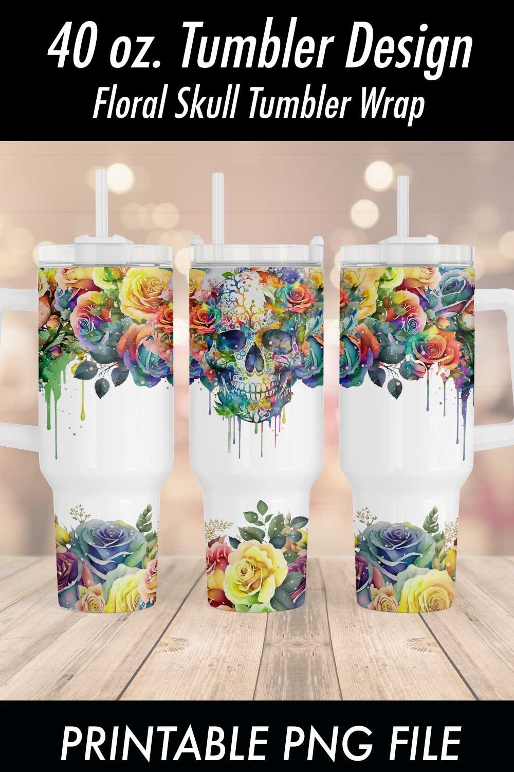 40 oz Tumbler with Handle - Sugar Skull and Roses Full Wrap Pattern