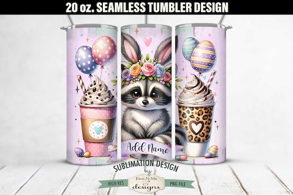 20 oz Easter Raccoon with Bunny Ears Sublimation Tumbler Design | Seamless Design 20 oz Tumbler | Easter Raccoon with Coffee Tumbler Design
