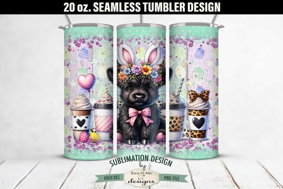 20 oz Easter Black Highland Cow with Bunny Ears Sublimation Tumbler Design | Seamless Design for 20 oz Tumbler | Easter Cow Tumbler Design