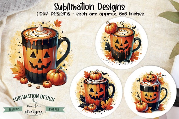 Jack O Lantern Mugs Sublimation Designs - Cute Halloween Mug Designs - Halloween Pumpkin Cups - Four PNG Designs for Halloween Lover