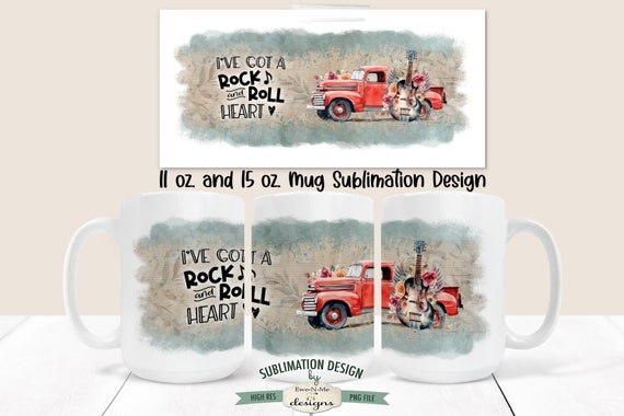 Rock and Roll Heart Mug Design - Red Truck Guitar With Wings Mug Design - 11 oz. and 15 oz. Mug Sublimation Wrap PNG