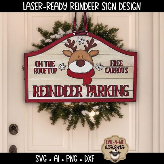 Reindeer Parking Sign SVG | Christmas Laser Cut Files | Holiday Door Hanger | On the Rooftop Free Carrots Farmhouse Sign | Lightburn Ready