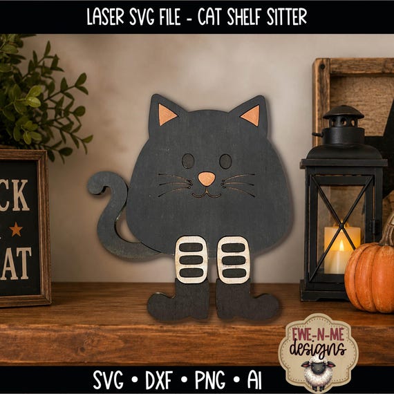 Laser SVG File - Cat Halloween Shelf Sitter - Layered Black Cat Shelf Sitter - Fall Decor SVG