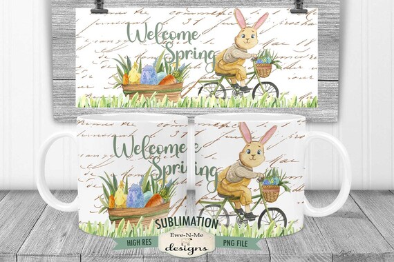 Easter Sublimation Mug Design - Welcome Spring Bunny on Bicycle - Printable 11 oz. and 15 oz. Mug Sublimation Wrap PNG