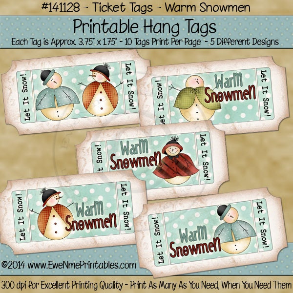 Snowman Tags Ticket Shaped Printable Hang Tags or Labels - Digital Print PDF and/or JPG File