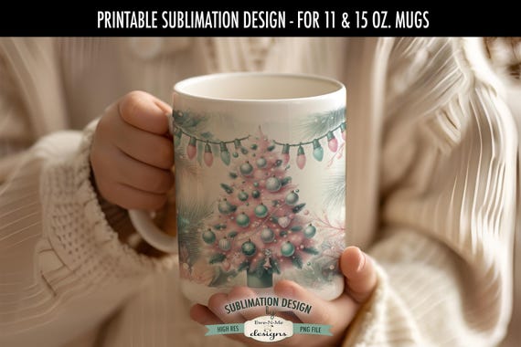 Pink Green Christmas Tree Sublimation Design for Mugs  | Christmas Mug | Printable 11 oz. and 15 oz. Mug Sublimation Wrap PNG