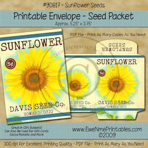 Sunflower Seed Packet Printable Primitive Vintage Sunflower Envelope Digital PDF and/or JPG File image 1