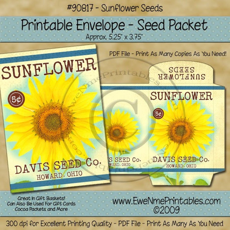 Sunflower Seed Packet Printable Primitive Vintage Sunflower Envelope Digital PDF and/or JPG File image 1