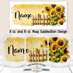 K&ouml;nnte beinhalten: Sublimationsdesign f&uuml;r eine 11 oz oder 15 oz Tasse mit einem gelben und wei&szlig;en Gingham-Hintergrund mit Aquarell-Effekt. Das Design beinhaltet einen Holzzaun und eine Gruppe von Sonnenblumen.