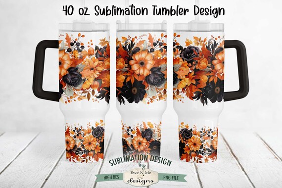 Orange and Black Floral 40 oz Sublimation Tumbler Design | Halloween Floral Design for 40 oz. Tumbler | Floral Halloween Tumbler Design