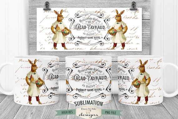 Vintage Easter Sublimation Mug Design - Vintage Bunny with Eggs - Printable 11 oz. and 15 oz. Mug Sublimation Wrap PNG