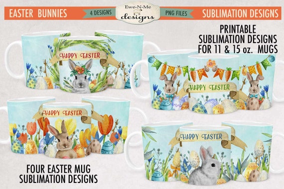 Easter Bunny and Eggs Mug Design Bundle - Printable 11 oz. and 15 oz. Mug Sublimation Wrap PNG - Spring Easter Mug Designs