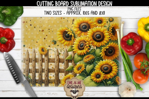 Sunflower Fence Cutting Board Sublimation Design PNG Files | Country Kitchen Fall Decor
