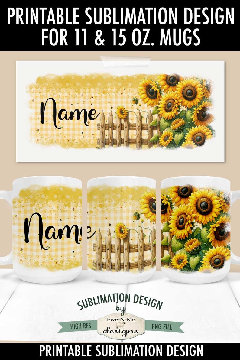 K&ouml;nnte beinhalten: Ein Sublimationsdesign f&uuml;r 11 und 15 Unzen Tassen mit einem gelben und wei&szlig;en Gingham-Hintergrund, einem Holzzaun und Sonnenblumen. Der Text "Name" ist im Design enthalten.