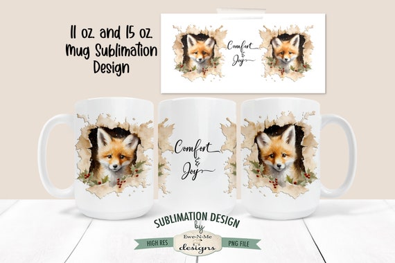 3D Christmas Mug Sublimation Design  | Cute Fox In 3D Hole  | Comfort & Joy | Printable 11 oz. and 15 oz. Mug Sublimation Wrap PNG