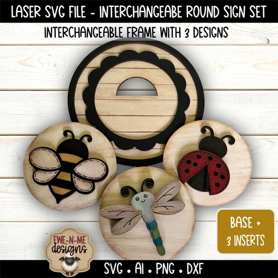 Interchangeable Round Sign SVG - Bee Ladybug Dragonfly Set - Layered Laser Cut File